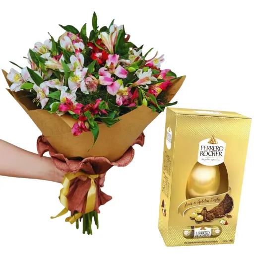 Ramo de flores astromelias con huevo de pascua rocher box 